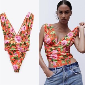 Zara Drape Deep-Neck Ruched Floral Bodysuit Sleeveless  Floral Top NWOT